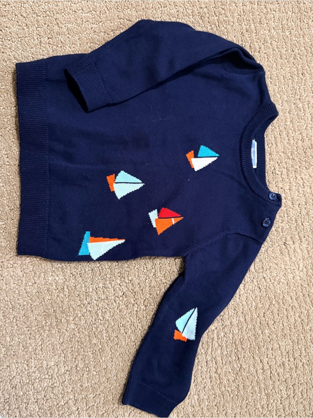 Jacadi Navy Sailboat Knit Sweater with Colorful Boat Motifs